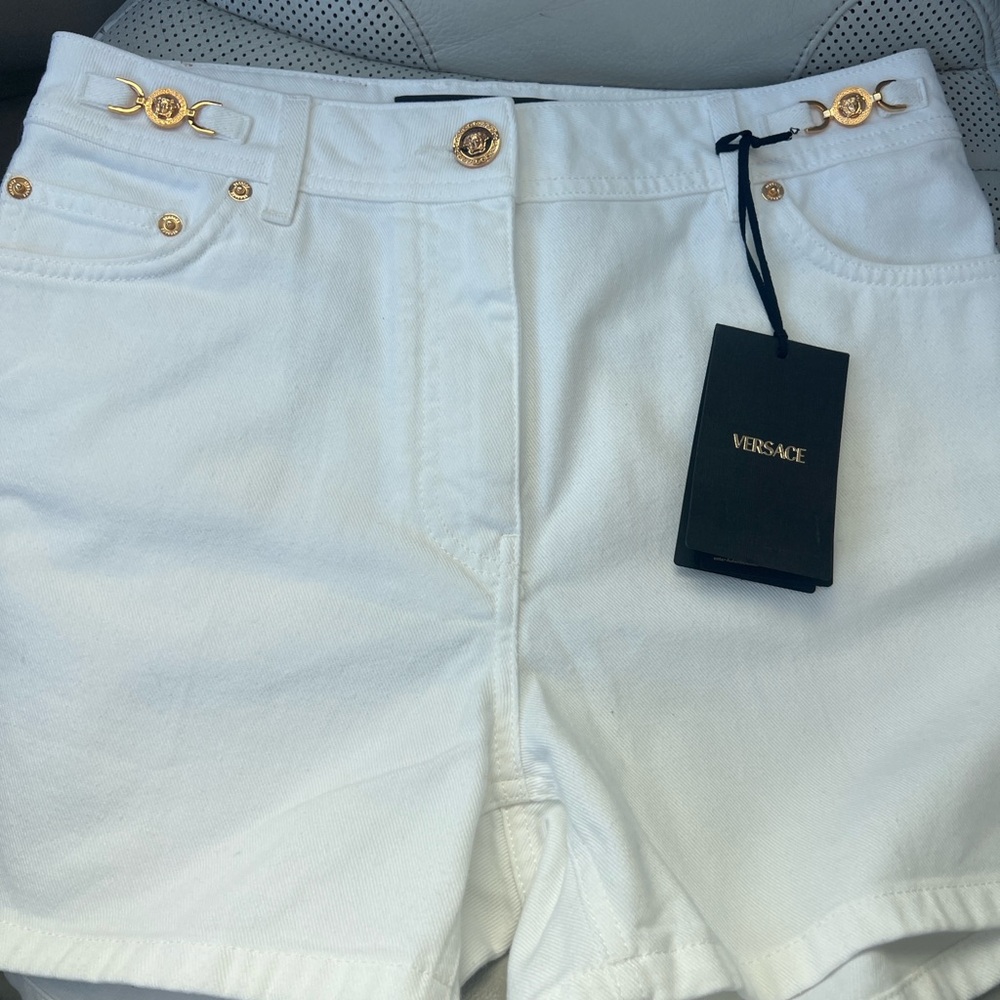 Versace White High-Rise Denim Shorts with Gold Medusa Hardware